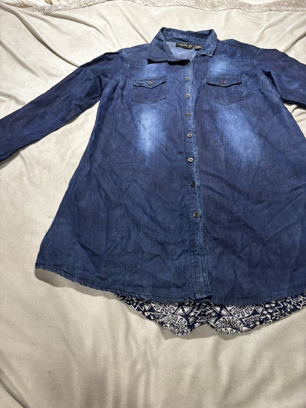 Lola P. denium shirt Button Up with Floral Back Blue White Size M Boho Western